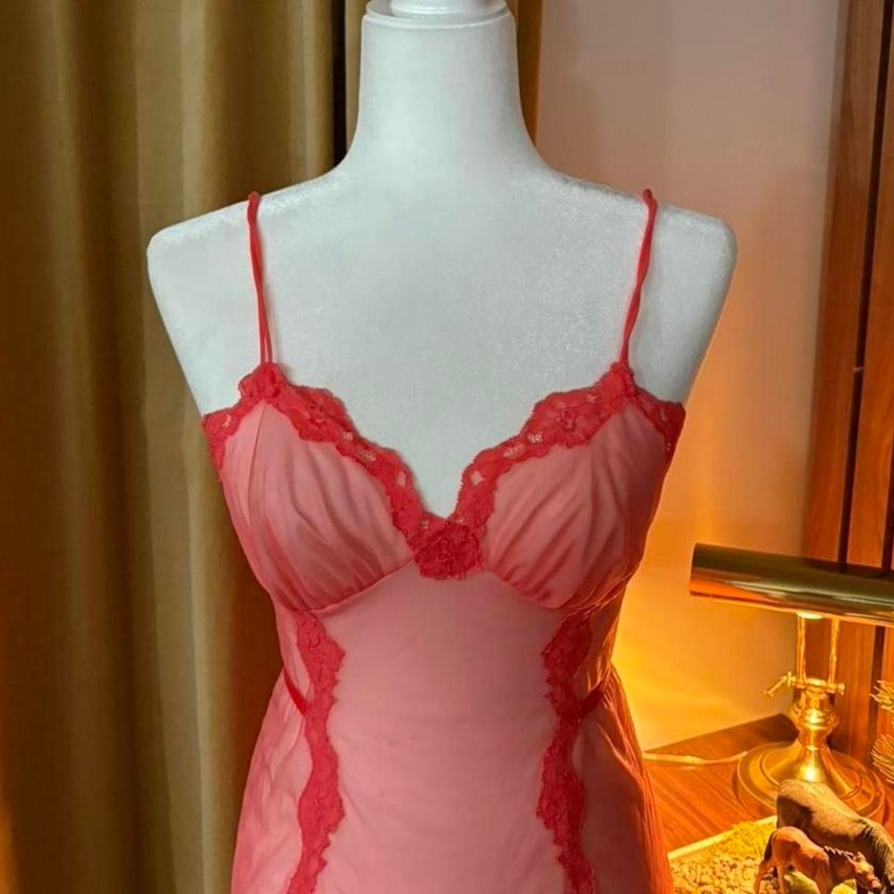 Vtg 70s/80s Kayser Coral Pink Lace Sheer Babydoll Chemise Lingerie Made in USA